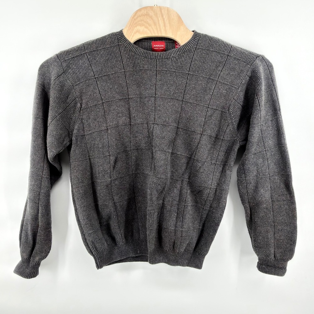 Arrow USA 1851 Men M Gray Cotton Textured Grid Windowpane Crewneck Pullover Knit